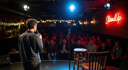 Male comedian on stage with microphone performing a "Stand Up" comedy show for an audience.