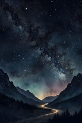 A star-lit night landscape reveals a mountain pass glowing softly in the darkness in watercolor style