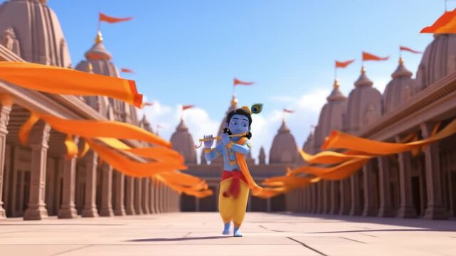 Digital illustration of Krishna on Krishna janmashtami celebration with orange streamers in a traditional Indian temple courtyard