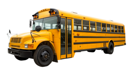 Bright yellow bus parked on transparent background