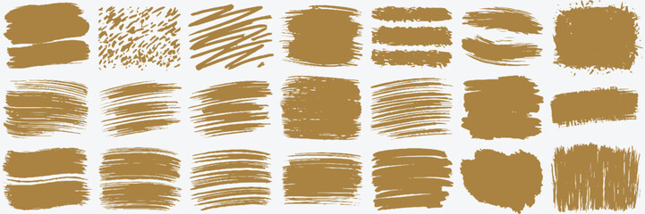 A set of collection various brown color ink brush strokes and grunge textures on a white background. The set includes different styles such as thick bold strokes, dry brush textures, zig-zag patterns.