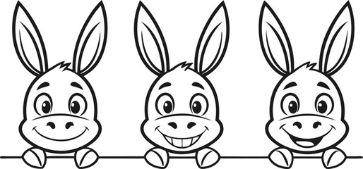 Three cheerful cartoon donkeys peeking happily over a colorful horizontal line