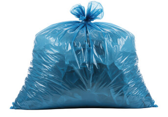 Fototapeta premium A blue plastic garbage bag, tied and full, isolated on transparent background, for waste disposal