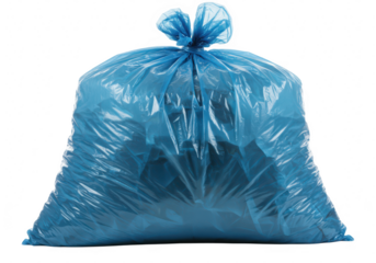 A blue plastic garbage bag, tied and full, isolated on transparent background, for waste disposal