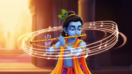 Illustration of Lord Krishna playing a flute on Krishna Janmashtami with swirling musical notes in a traditional Indian setting.