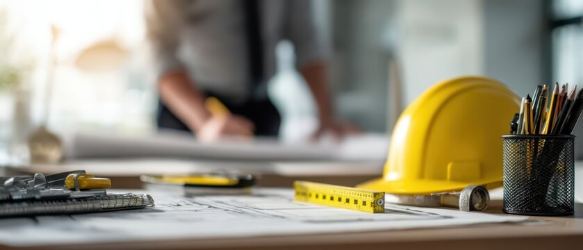 The construction helmet and tools on a design workspace with planning materials.