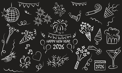 Set of cute and simple hand drawn New Year elements on the blackboard background, for Happy New Year 2026