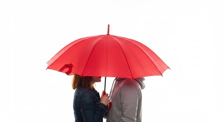 赤い傘の下 恋人 穏やか光 二人寄り添う 幸せな瞬間. AI Generated