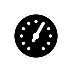 Illustration of a circular black clock face with white dots and a single hand pointing upwards leftish