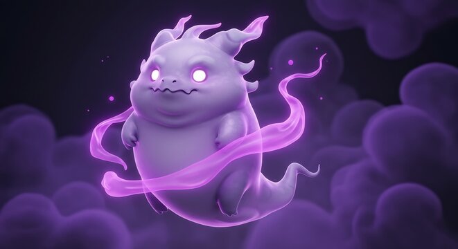 神秘な紫光漂う愛らしい妖精 幻想的背景 穏やか表情. AI Generated