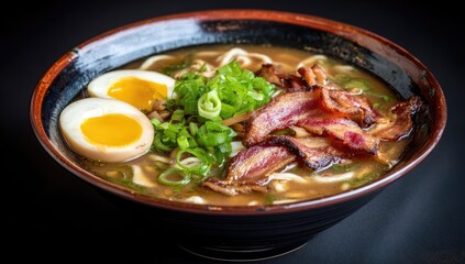 Bowl of ramen with bacon, egg, and green onions