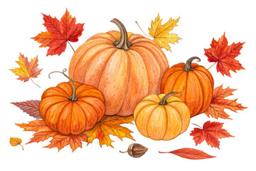 Colorful pumpkins and autumn leaves arrangement