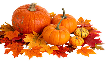 Assortment of pumpkins surrounded by autumn leaves