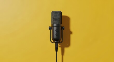 Black studio podcast microphone on a yellow background, top view