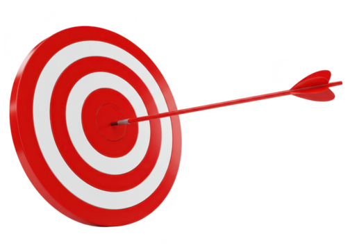 Red and white target with an arrow hitting the bullseye, isolated on transparent background