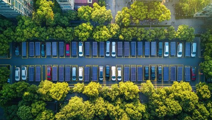 A large solar car park with numerous cars parked under the shade of rectangular photovoltaic panels, a bird's-eye view