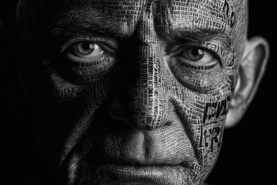 Text-covered face in dramatic lighting. A powerful exploration of words and identity in a high contrast portrait against a dark background.