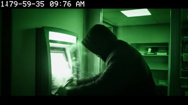 Dramatic bank robbery surveillance footage with hooded thief attempting to breach an ATM under the