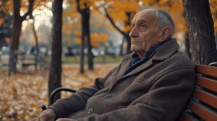 An 80-year-old man sitting on a park bench. He looks rather serious and lonely. With the park in the background, image with copyspace.