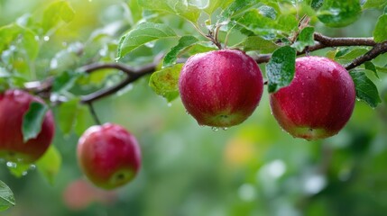 Obraz premium The fresh, ripe apples glistening with dew on a tree branch.