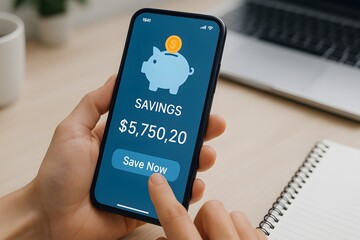 Smartphone with Savings App Displaying Balance and Save Button