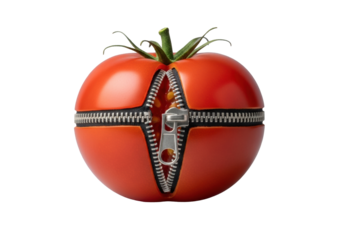 Pristine vibrant red common garden tomato with metallic zipper partially unzipped, revealing internal seeds, on a clean transparent background. Concept of playful reality subversion