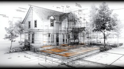 Architectural Blueprint Rendering of a House: Design Visualization with Technical Drawings and Landscaping Details