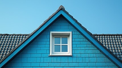 Vibrant blue home's peaked roof with window