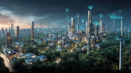 Fototapeta premium Futuristic Cityscape with Wind Turbines and Green Infrastructure Promoting Sustainable Urban Development and Technological Advancement
