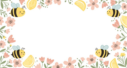 A clean, light floral frame in yellow and pink tones with bees and lemons without a background for decorative stationery, natural design, a place for text