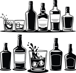 Whiskey Bottles and Glasses Vector, Vintage Alcohol Drink Set Illustration.

