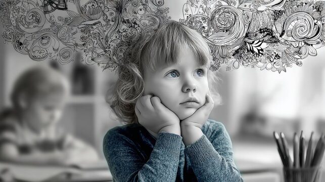 Childhood Imagination: Thoughtful Young Girl with Abstract Floral Drawings, Exploring Creativity and Daydreaming in Black and White
