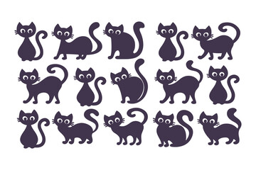 Obraz premium Collection of black cat silhouettes in different poses. Vector illustration set of cats walking, sitting, and standing, isolated on white.