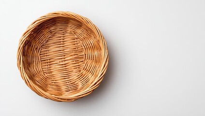 Fototapeta premium A rustic wooden basket empty on a white background, ideal for food presentation.
