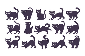 Collection of black cat silhouettes in different poses. Vector illustration set of cats walking, sitting, and standing, isolated on white.