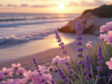 Lavender and pink flowers on beach at sunset ocean waves - Powered by Adobe