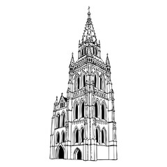 Fototapeta premium Detailed vector line art illustration of a gothic cathedral tower with pointed arches and ornate spire