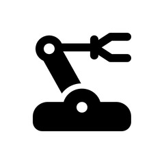Illustration of a robotic arm with a gripper on a rounded base in solid black color on white background