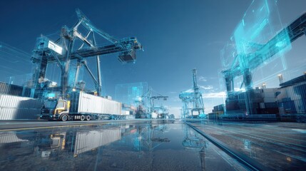 Shipping Port with Augmented Reality Technology Overlay for Logistics and Global Trade Management