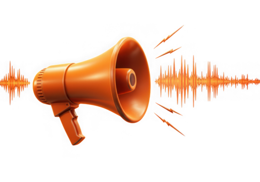 Orange megaphone emitting sound waves isolated on transparent background