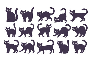 Collection of black cat silhouettes in different poses. Vector illustration set of cats walking, sitting, and standing, isolated on white.