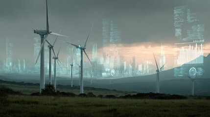 Wind Turbines in Rolling Hills Landscape with Data Overlay Visualizing Clean Energy Production and Sustainable Technology