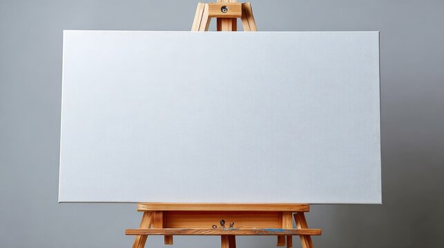 Blank Canvas on Wooden Easel, Ready for Artistic Creation and Studio Mockup Presentation, Gray Backdrop