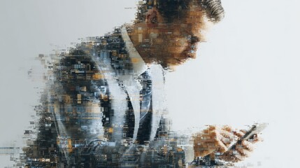 Businessman Using Mobile Phone with Pixel Distortion Effect, Representing Data Loss and Digital Transformation