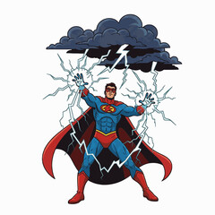 Hero of Storm: A dynamic superhero stands defiantly amidst a storm, commanding lightning with outstretched hands, embodying power, courage, and the relentless fight against the elements. 