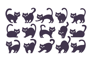 Collection of black cat silhouettes in different poses. Vector illustration set of cats walking, sitting, and standing, isolated on white.