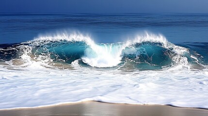 Obraz premium Blue Ocean Waves Crash on Sandy Beach Under Bright Sunshine, Perfect for Nature and Travel