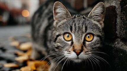Captivating Feline Portrait: Close-Up of a Tabby Cat with Intense Gaze and Beautiful Yellow Eyes