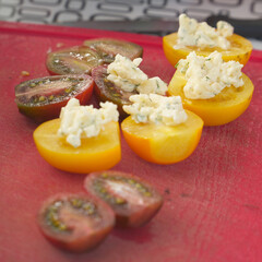 Sliced tomatoes with cheese on a cutting board
