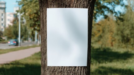 Blank White Poster Affixed to Tree Trunk in Urban Park Setting for Message